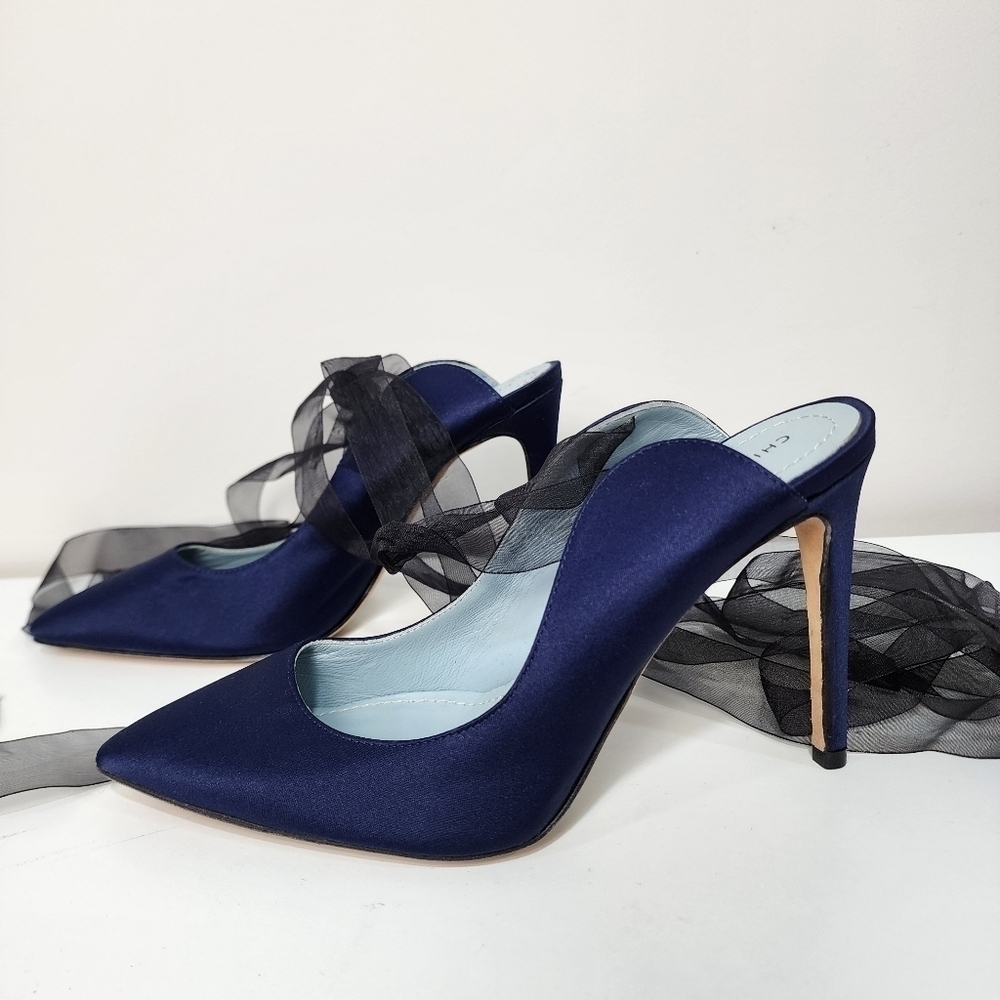 Chiara Ferragni blue satin heels with tulle bow, size 37, nwt